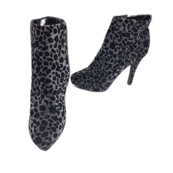 Women's Leopard Print Booties Stiletto Heels Dark Gray Velvet Size 8M - Picture 4 of 11